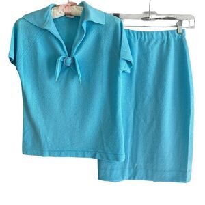 Vintage Talbott Traveler Knit Top And Skirt Set Women's Medium Turquoise Blue
